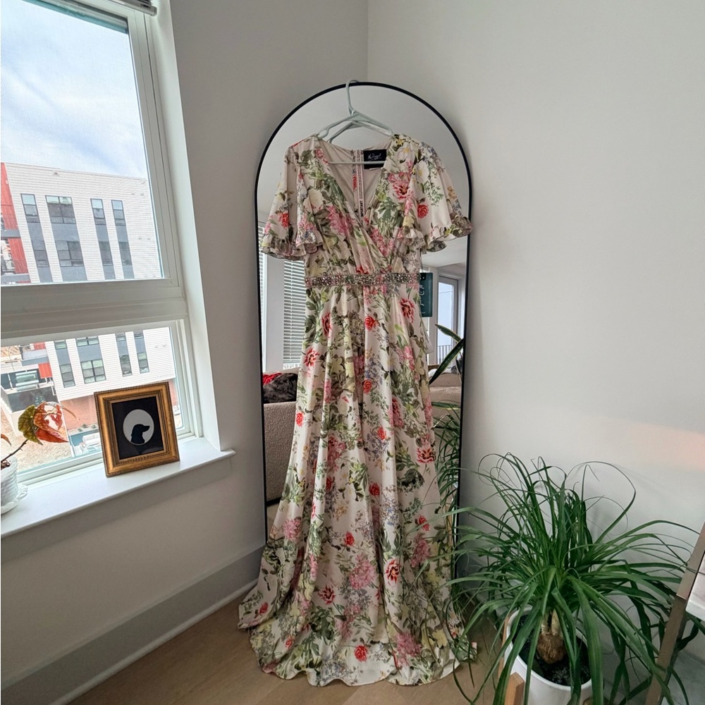 Mac Duggal 9079 White Floral Print Faux Wrap Flutter Sleeve A Line Dress NWT